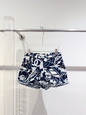 CHANEL Navy and White Logo Floral Denim Shorts